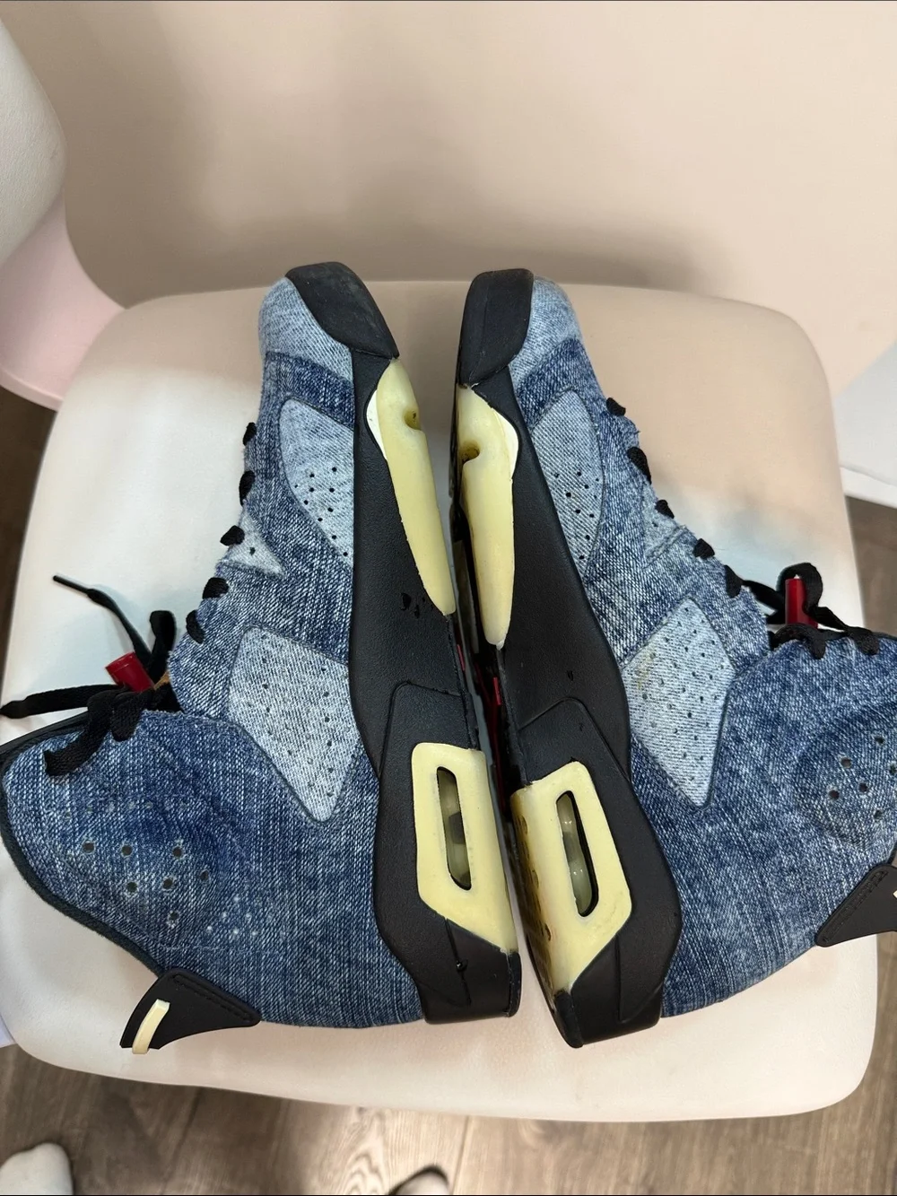 Nike High-Top Denim-Look Sneakers in Blue, Black & Tan with Red Lace Locks